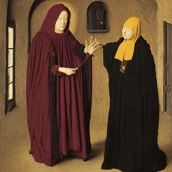 Prompt: a woman wearing a hooded cloak made of fire, standing next to a person wearing a black veil, by Jan van Eyck