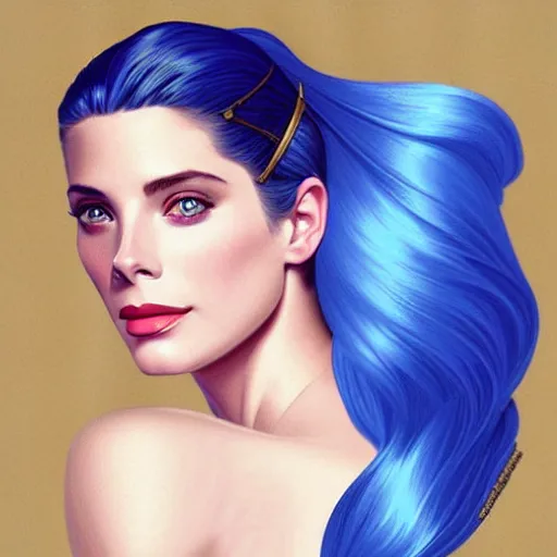 Image similar to Ashley Greene's face combined with Grace Kelly's face with blue hair as Sailor Moon, western, D&D, fantasy, intricate, elegant, highly detailed, digital painting, artstation, concept art, matte, sharp focus, illustration, art by Artgerm and Greg Rutkowski and Alphonse Mucha