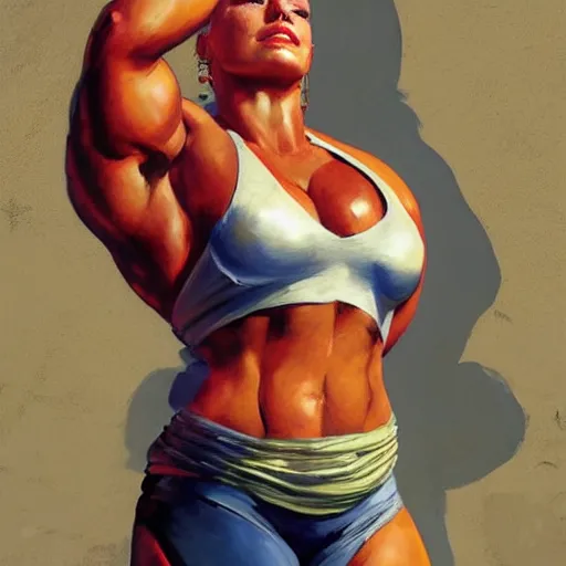 Prompt: greg manchess portrait of margot robbie as thick female bodybuilder zarya from overwatch in disco elysium, 8 7 8, epic grimdark, fantasy, medium shot, asymmetrical, profile picture, organic painting, sunny day, matte painting, bold shapes, hard edges, street art, trending on artstation, by huang guangjian and gil elvgren and sachin teng