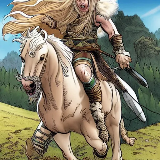 Prompt: an albino viking woman riding a war horse by Humberto Ramos and Mark Robinson,