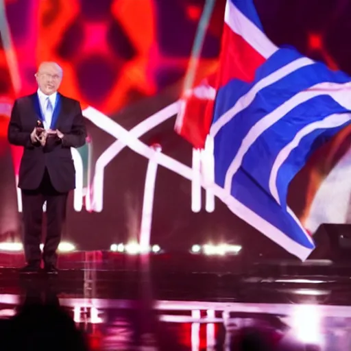 Image similar to benjamin netanyahu singing in the eurovision in front of a band, stage lighting, sharp focus, highly detailed