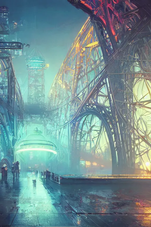 Prompt: futuristic cyberpunk, howrah bridge, calcutta, sci-fi, fantasy, intricate, very very beautiful, elegant, neon light, highly detailed, digital painting, artstation, concept art, smooth, sharp focus, illustration, art by alphonse mucha and tian zi and WLOP