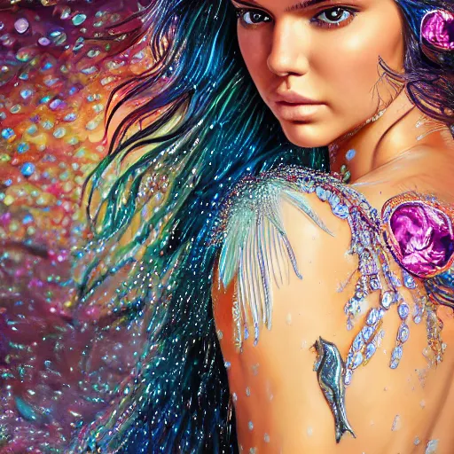 Image similar to kendall jenner portrait, fantasy, mermaid, hyperrealistic, game character, underwater, highly detailed, sharp focus, cinematic lighting, pearls, glowing hair, shells, gills, crown, water, highlights, starfish, jewelry, realistic, digital art, pastel, magic, fiction, ocean, king, colorful hair, sparkly eyes, fish, heroic, goddess, waves, bubbles, queen