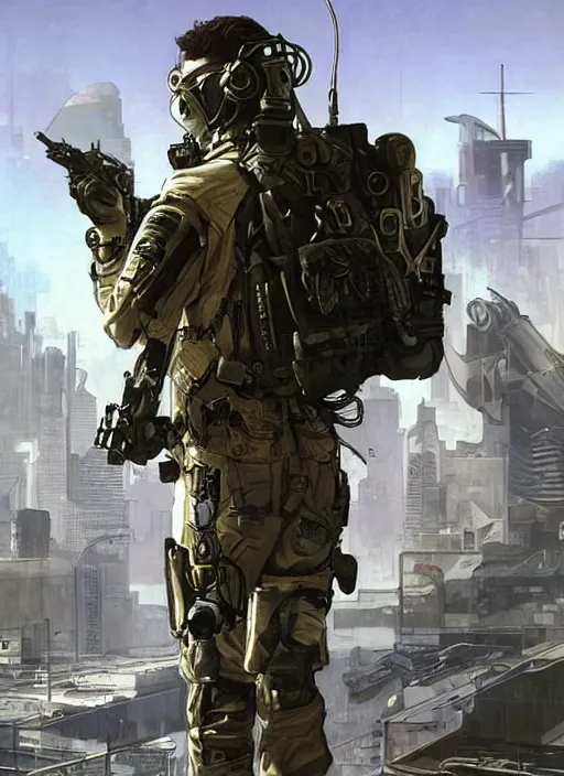 Image similar to Ezra. USN special forces futuristic recon operator, cyberpunk military hazmat exo-suit, on patrol in the Australian autonomous zone, deserted city skyline. 2087. Concept art by James Gurney and Alphonso Mucha. (mgs, rb6s)