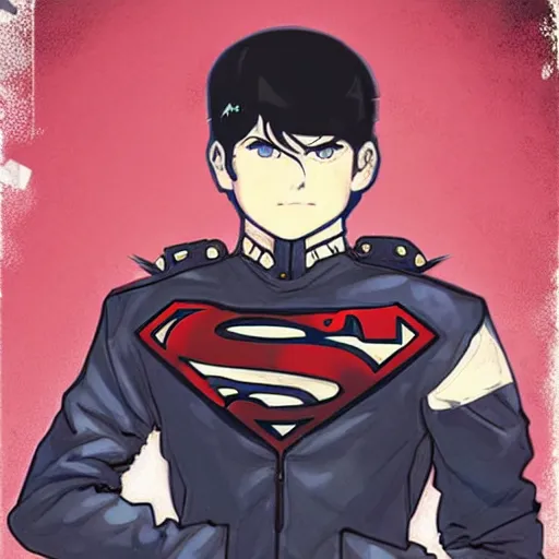 Image similar to a black haired blue eyed teen boy in a punk outfit. Leather jacket. Patches. Spiked shoulder pads. Superboy. 90’s superboy. Superman. By Repin. By Makoto shinkai. Artgerm.