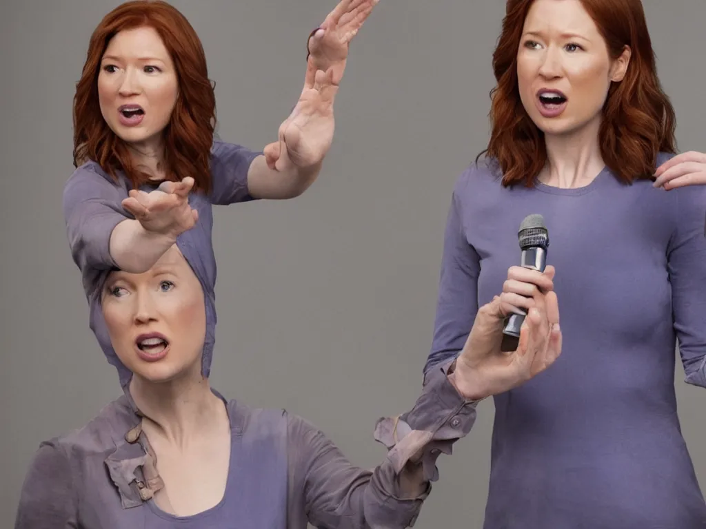 Prompt: realistic tabloid photo of Ellie Kemper trying to explain she's not Nebula