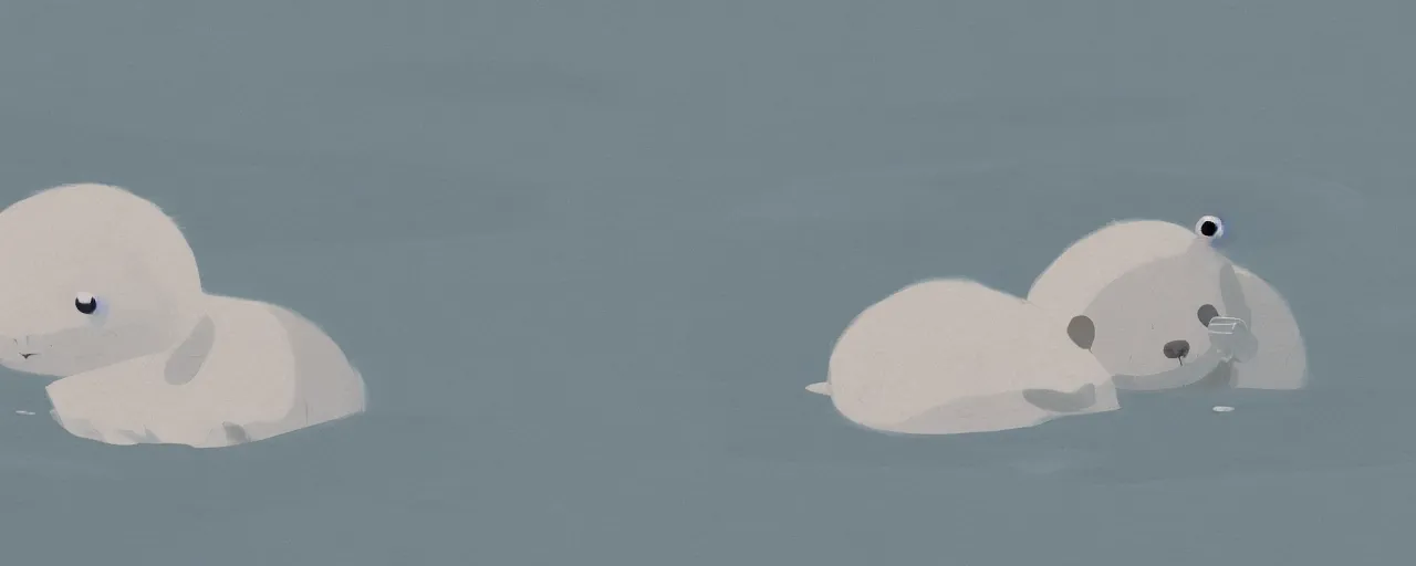 Image similar to a baby harp seal looking distressed, floating on ice away from land, atey ghailan, goro fujita, studio ghibli, rim light, gray lighting, clear focus, very coherent,