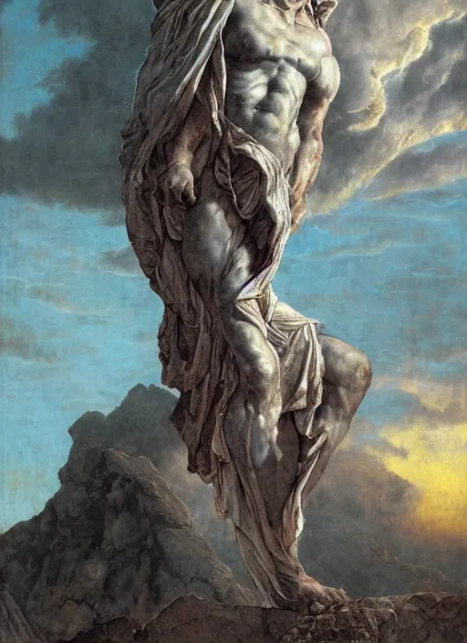 Prompt: ancient biblical statue of a diabolical marble cyborg, wearing torn white cape, dynamic pose, thunder, glowing eyes, post apocalyptic ancient ruins, glowing veins subsurface scattering, in clouds, sunset, portrait, by gerald brom, by mikhail vrubel, by peter elson, muted colors, extreme detail, trending on artstation, 8 k