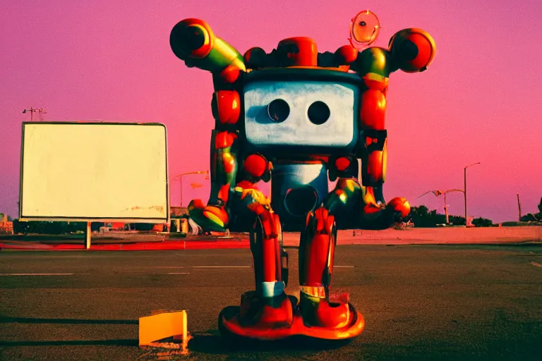 Image similar to robot clown relaxing at a california drive in, in 1 9 7 2, cutecore clowncore, bathed in the the glow of the sunset, low - light photograph, in style of tyler mitchell