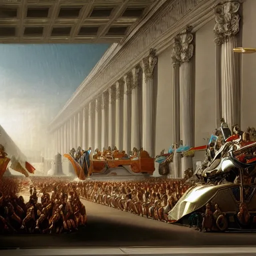 Image similar to sci fi car transport design organic smooth elastic forms 30% of canvas; wall structure in the coronation of napoleon painting 40% of canvas; by Jacques-Louis David, pinterest keyshot product render, cloudy plastic ceramic material shiny gloss water reflections, ultra high detail ultra realism, 4k