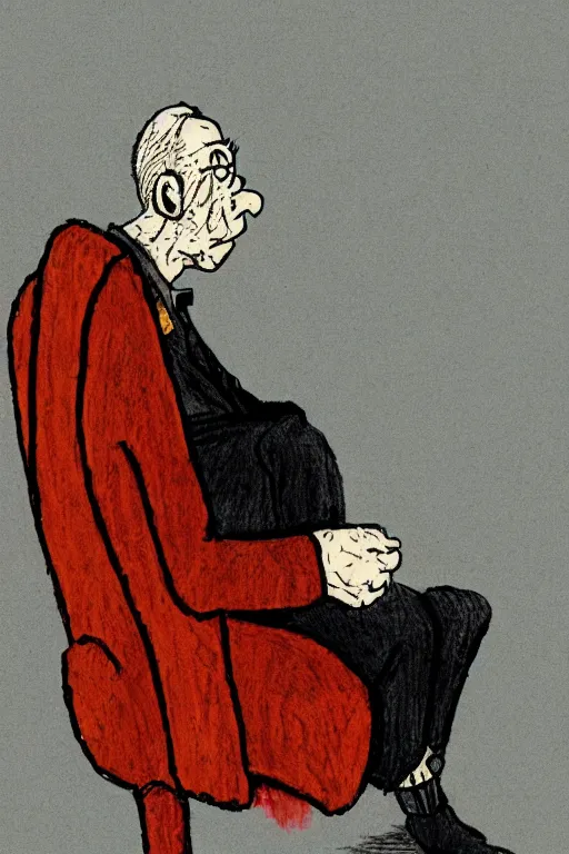 Image similar to an older man sitting alone drawn by raymond briggs, very coherent and colorful high contrast, sad lighting, somber mood