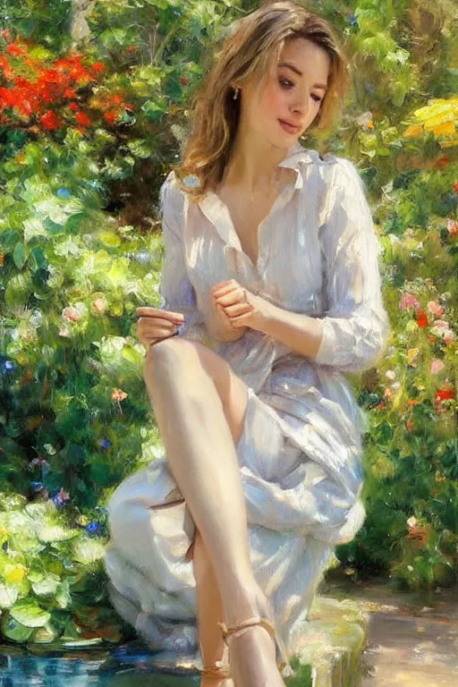 Image similar to portrait of a beautiful woman by the fountain in the garden, morning, highly detailed, ultrarealistic oil painting, vladimir volegov, artstation