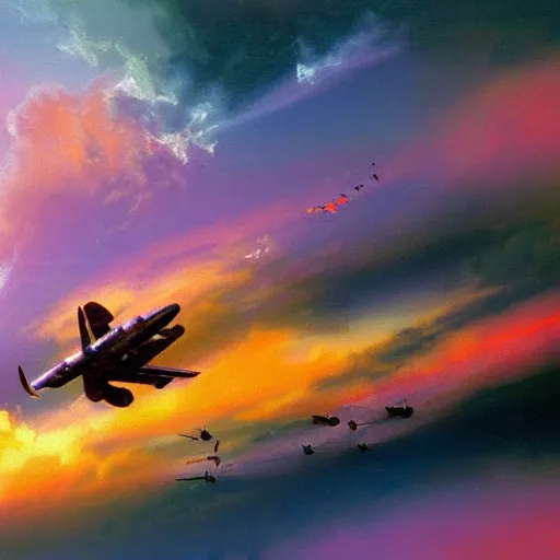 Image similar to a wwii plane flying throw the sky, beautiful colourful clouds illuminated by a purple sun, and a orange sun, trippy clouds, psychedelic sky, colourful by craig mullins