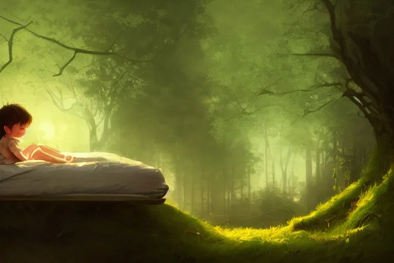 Image similar to beautiful illustration of a little boy on his bed dreaming about a beautiful green forest, intricate, elegant, glowing lights, highly detailed, digital painting, artstation, concept art, smooth, sharp focus, illustration, art by wlop, mars ravelo and greg rutkowski