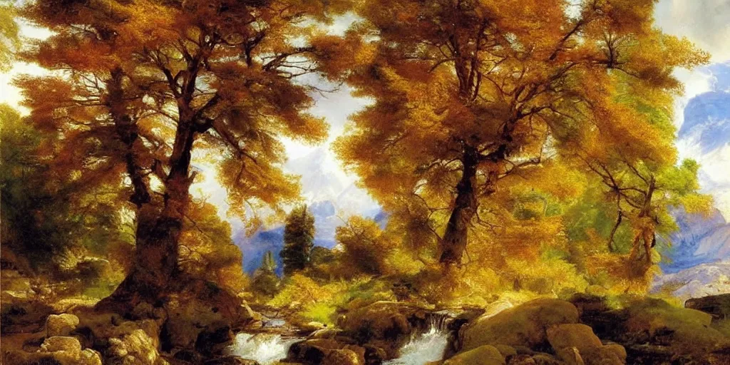 Image similar to single maple tree growing in grand cayon, stream, thomas moran, oil painting, highly detailed, masterpiece