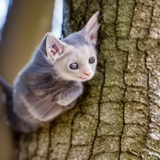 Image similar to a bat kitten, in a tree, Canon EOS R3, telephoto, very detailed, 4k