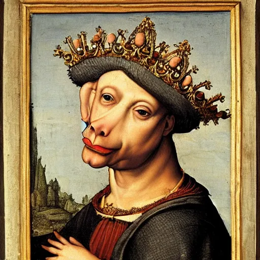 Image similar to a renaissance style portrait of a pig (Sus domesticus) wearing a crown and a cape, dark background