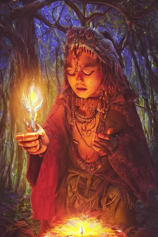 Image similar to photorealistic photo of an aztec sorcerer casting a powerful spell in a dark forest, by lilia alvarado, lilia alvarado art,