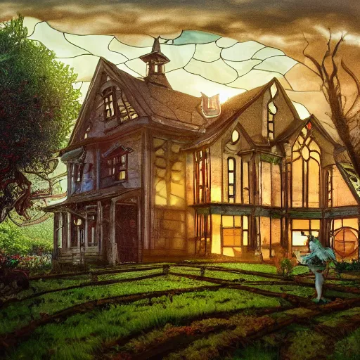 Prompt: beautiful farm house with lots of stained glass windows, group of kids looking into the windows, ghostly figure shadowing around, garden in the front, highly stylized, ultra detailed oil painting in the style of frank miller, photorealistic illustration, octane render, 8 k resolution