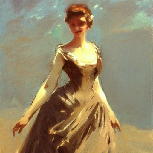 Image similar to a portrait headshot matte painting of beautiful woman in dress walking on street by John Singer Sargent, fine details