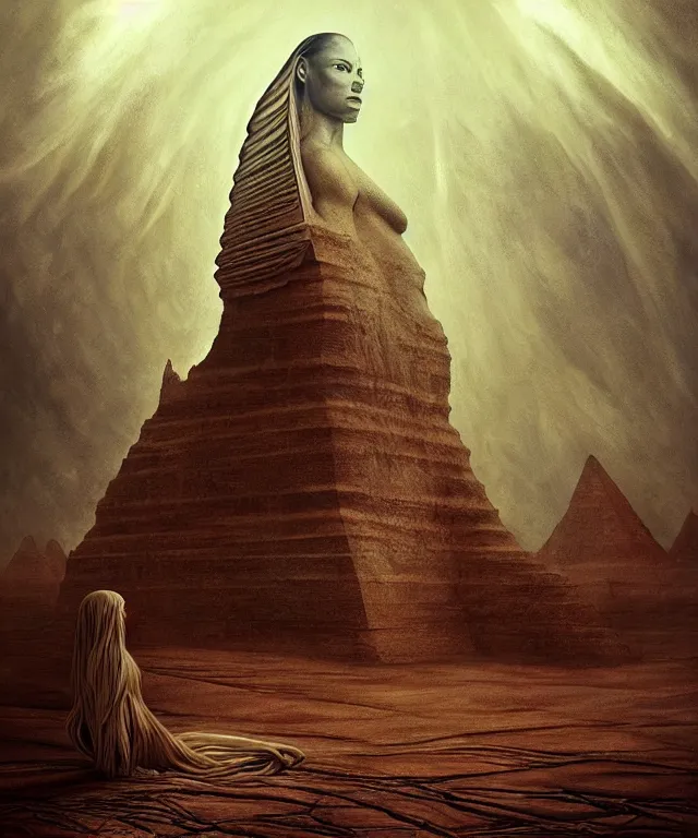 Image similar to epic professional digital art the sphinx, horrific yet beautiful vibe, evocative, atmospheric lighting, painted, intricate, highly detailed, by leesha hannigan, wayne haag, reyna rochin, ignacio fernandez rios, mark ryden, iris van herpen, artstation, cgsociety, stunning, gorgeous, sharp focus, cinematic, masterpiece