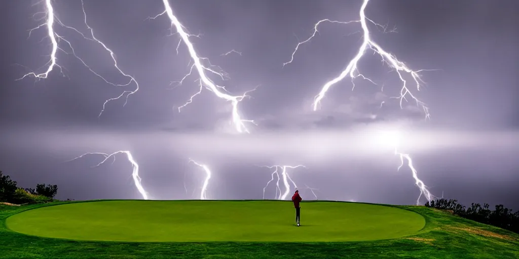 Image similar to a great photograph of the most amazing golf hole in the world, on top of the clouds, lightning storm, ambient light, golf digest, top 1 0 0, fog