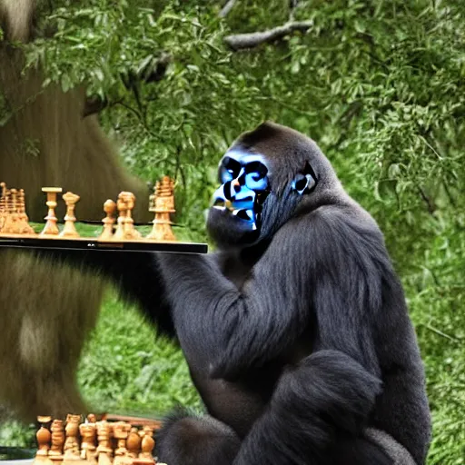 Image similar to A gorilla playing chess while eating pudding in a tree, On the television show Baywatch