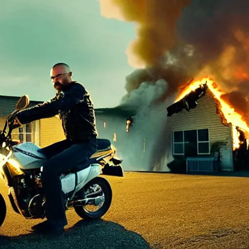 Prompt: photo of walter white and jesse pinkman riding motorcycles with a building on fire behind them, color, cinematic lighting, highly detailed