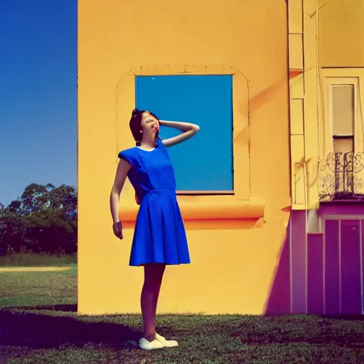 Image similar to giant flower head, full body, girl standing by 1 9 6 0 house, surreal photography, symmetry, mid century, flat light, bright colours, blue sky, realistic, wes anderson