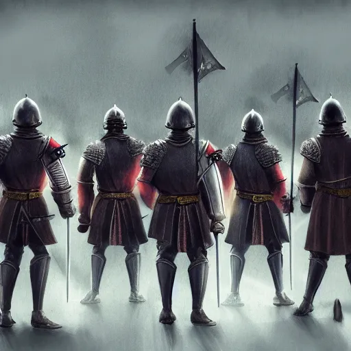 Image similar to realistic, 5 medieval knights, soldiers, in line, pikes, hellbards, banner, flag, mist, picture from behind, epic, digital art, illustration, fantasy, realistic sketch, dark