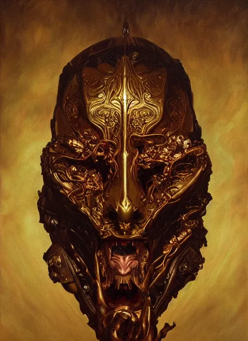 Prompt: highly detailed oil painting | very intricate | cinematic lighting | award - winning | the devils mask by alexander mcqueen | by roberto ferri, by leng jun, by j. c. leyendecker and klimt, american romanticism, by austin osman spare, artstation, cgsociety, official art, octane