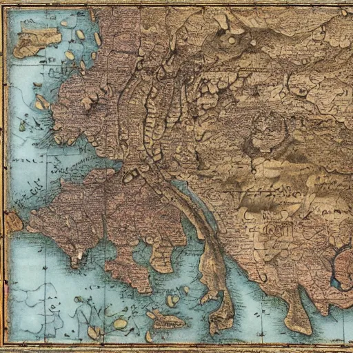 Prompt: an antique artistic cartography map of yugoslavia, by leonardo da vinci and gerard mercator. intricate, hd, 4 k, realism, hyperrealistic painting, art of illusion, cryengine, finalrender, unreal engine