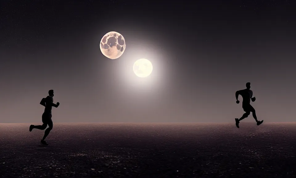 Prompt: a man was running alone beneath the gaint moon,featured in artstation, cinematic, elegant, 8k