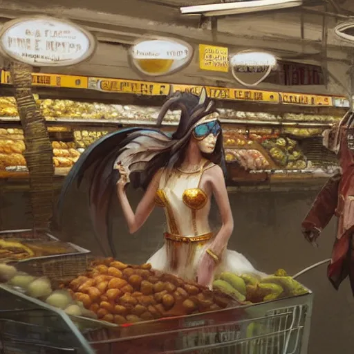 Image similar to digital painting of a super market deli shopping elegant but deadly chicogriff, griffin chicogriff hybrid monster, by Greg Rutkowski, magic the gathering concept art, trending on artstation, 4k resolution, ((in a super market Costco))
