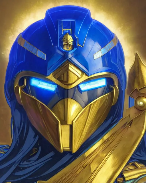 Prompt: a pharah made of blue crystal with a golden mask and helmet hovers ominously in the air inside a high - tech tomb, comic cover painting, masterpiece artstation. 8 k, sharp high quality artwork in style of wayne reynolds, alphonse mucha, arthur adams, greg rutkowski, and don bluth, concept art by jack kirby