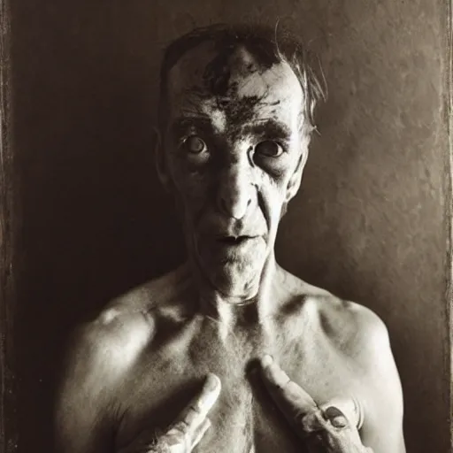 Prompt: high quality high detail portrait by joel peter witkin, hd, a remorseless psychopath, intense unsettling look in the eyes, photorealistic lighting