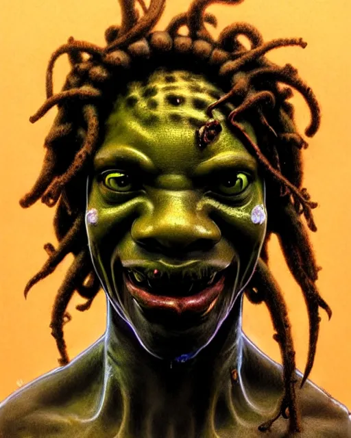 Prompt: lucio from overwatch, dreadlocks, frog like, character portrait, portrait, close up, concept art, intricate details, highly detailed, horror poster, horror, vintage horror art, realistic, terrifying, in the style of michael whelan, beksinski, and gustave dore