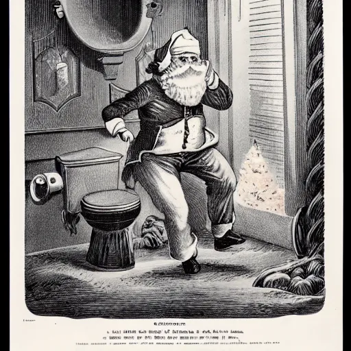 Image similar to currier and ives print showing santa claus using the toilet with his pants around his ankles, highly detailed