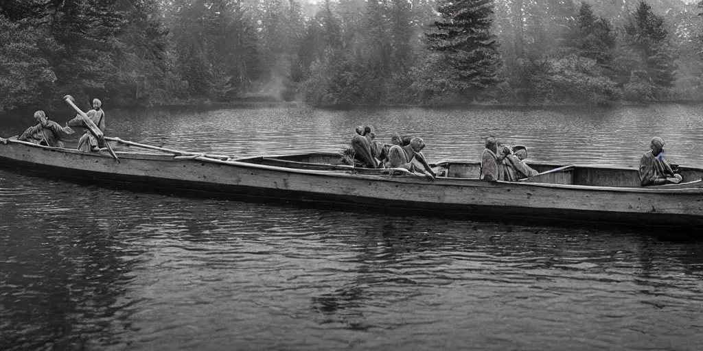 Image similar to A rustic lifeboat with oarsmen in turbulent see, by Gregory Crewdson