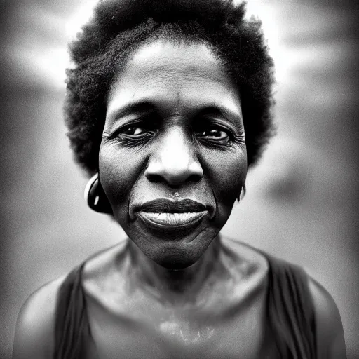 Prompt: photo of an afro woman in the style of lee jeffries