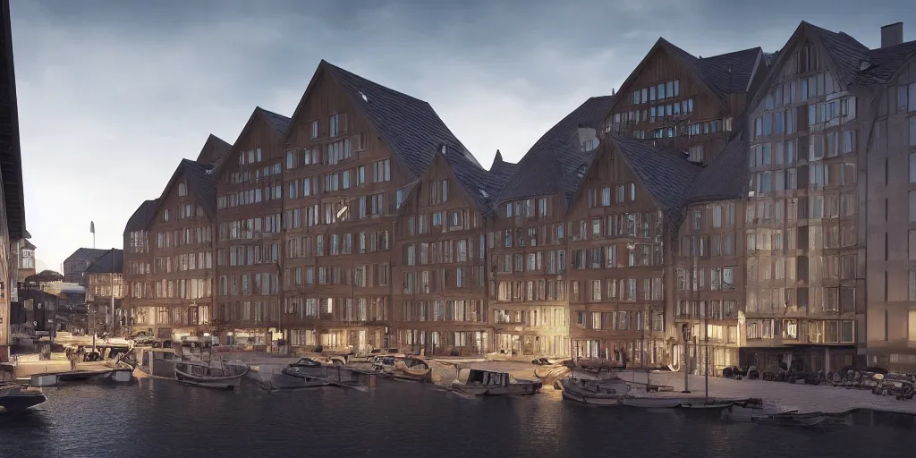 Image similar to a cinematic hyper - real render of norwegian architecture