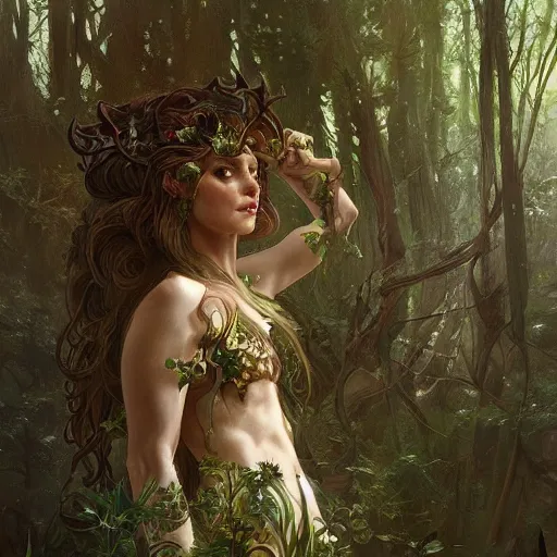 Image similar to A Dryad woman living in an Elven forest, athletic , gorgeous, beautiful, intricate, highly detailed, digital painting, artstation, concept art, sharp focus, illustration, art by greg rutkowski and alphonse mucha
