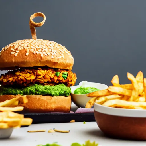 Image similar to vegan hamburger with guacamole topping crispy fried onion topping and fried egg topping next to a bowl of french fries, crispy buns, 8 k resolution, studio lighting, sharp focus, hyper - detailed