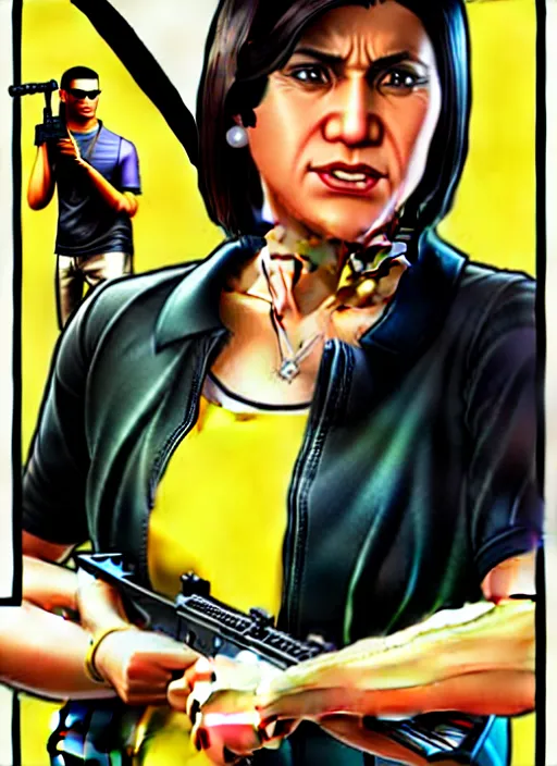 Image similar to leni robredo in grand theft auto game cover art by stephen bliss, detailed advertisement artwork, gta, gta loading screen