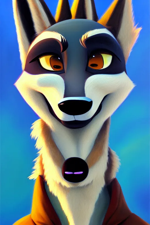 Image similar to oil painting of anthromorphic female wolf, in style of zootopia, female fursona, furry, furaffinity, 4 k, deviantart, furry art, fursona art, wearing black business suit, business suit, wolf fursona, female, smug expression,