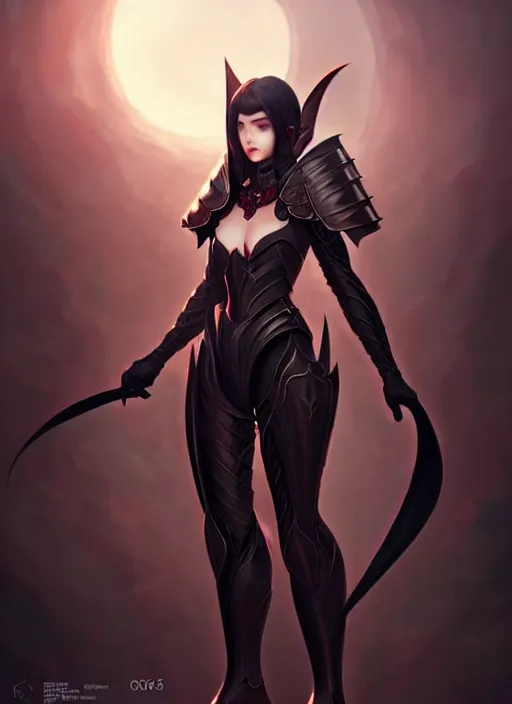 Image similar to full plate armor!!! beautiful and elegant dark hair female vampire!! gorgeous ayes!! character concept art, sharp focus, octane render! unreal engine 5! highly rendered!! trending on artstation!! detailed linework!! illustration by artgerm, wlop, and chie yoshii