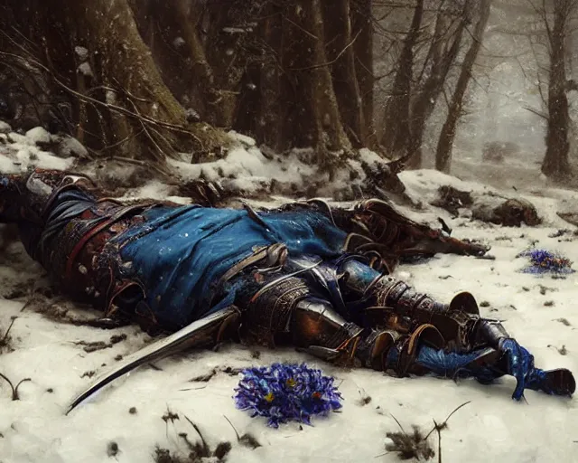 Image similar to Highly realistic oil painting of a wounded knight lying in the snow, surrounded by blue flowers, blood on flowers, by greg rutkowski, highly detailed, cinematic lighting, moody, dark