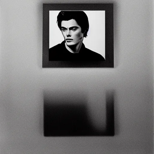 Image similar to stunning symmetrical portrait of alain delon in front of a ( ( ( tall moog!!!!!!!! synthesizer ) ) ), high contrast grainy blank and white photography print ilford warm tone