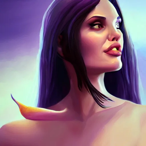 Image similar to Portrait of Angelina Jolie as a succubus, purple skin, mattepainting concept Blizzard pixar maya engine on stylized background splash comics global illumination lighting artstation lois van baarle, ilya kuvshinov, rossdraws