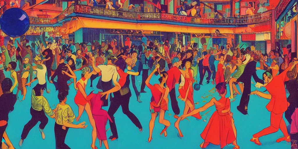 Image similar to a crowd of people dancing underneath a disco ball, risograph by ernie barnes, rex goreleigh, edward hopper, satoshi kon and moebius,, no text!, colorful flat surreal design, super - detailed, a lot of tiny details, fullshot